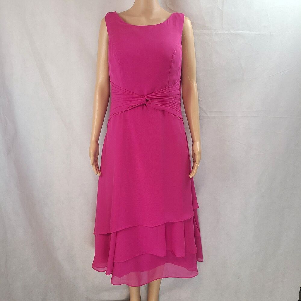 New Mother of the Bride (10) Fuchsia Chiffon Sleeveless Pleated Waist Midi Dress